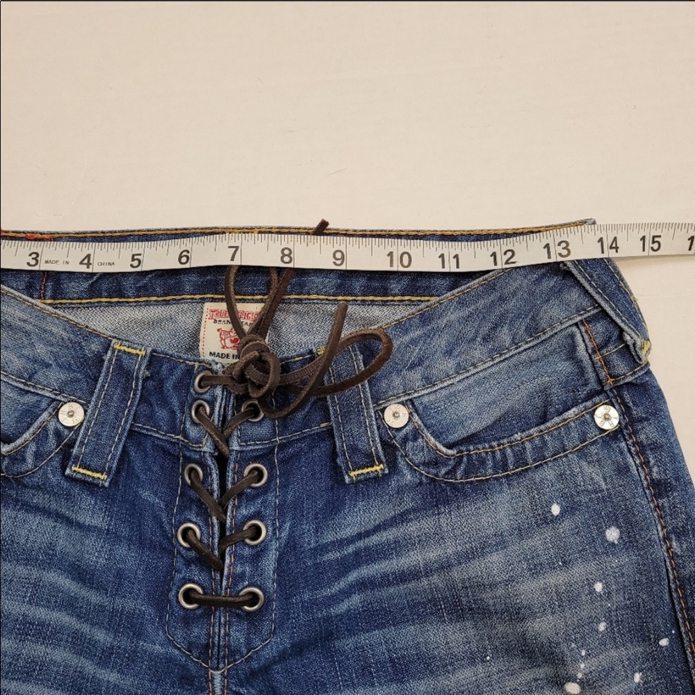 True Religion Blue Distressed Lace-Up Flare Jeans - Picture 8 of 12